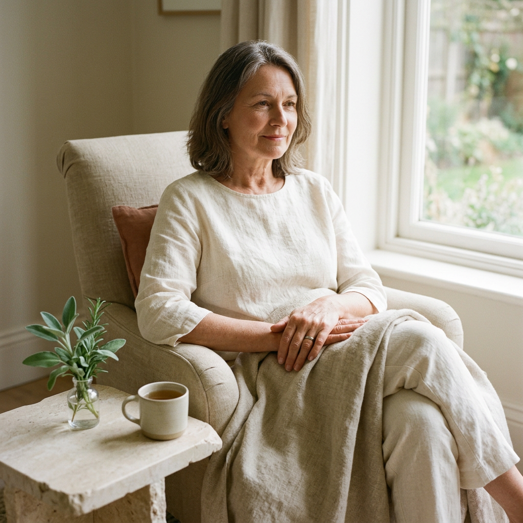 Woman seated comfortably beside a sunlit window with a linen blanket, a cup and greenery.