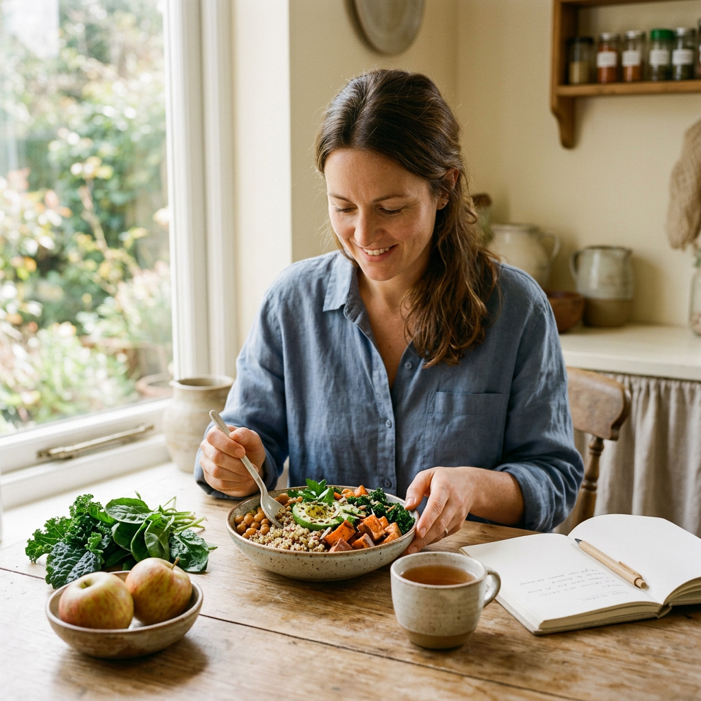Seasonal vegetables, a nourishing meal, and tea at a sunlit kitchen table.