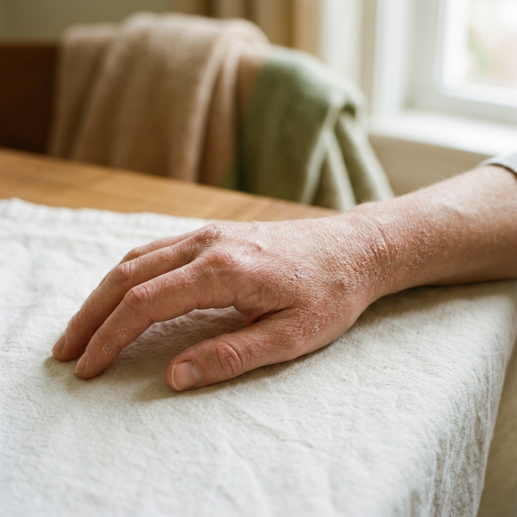 Illustrative close-up of dry, flaky skin on a hand and wrist.