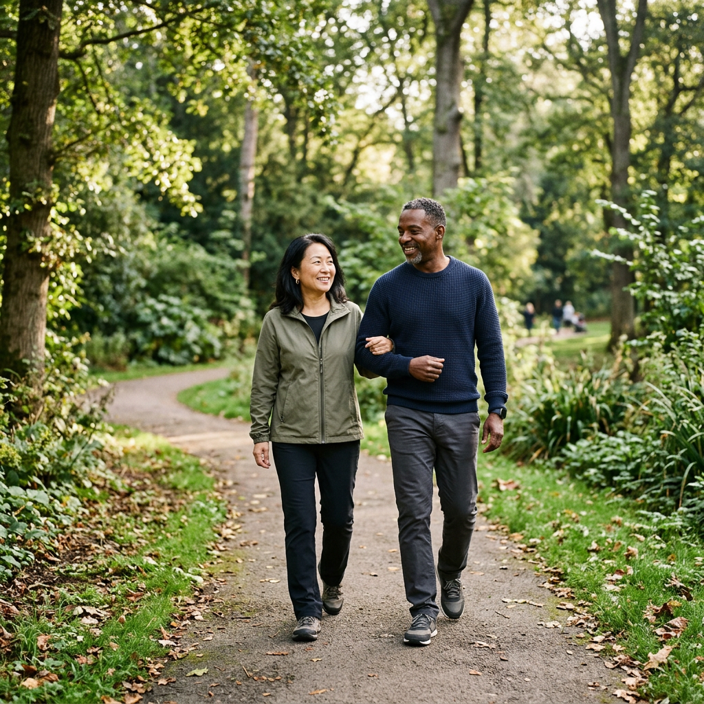 Two adults enjoying a gentle walk outdoors