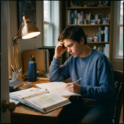 Teenager taking a pause while feeling overwhelmed by homework.