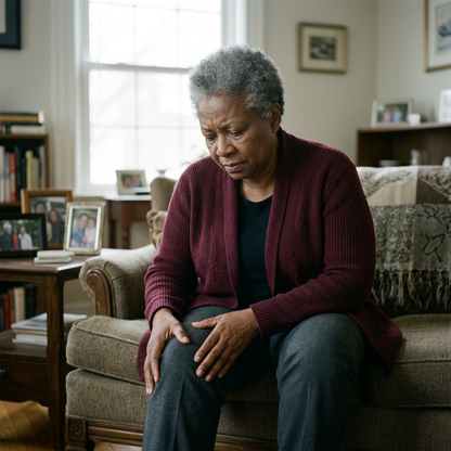 Older woman seated at home with her hands resting on a knee.