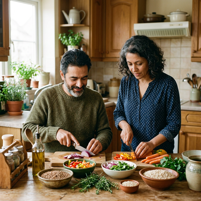 Adults preparing a nourishing meal together in a home kitchen.