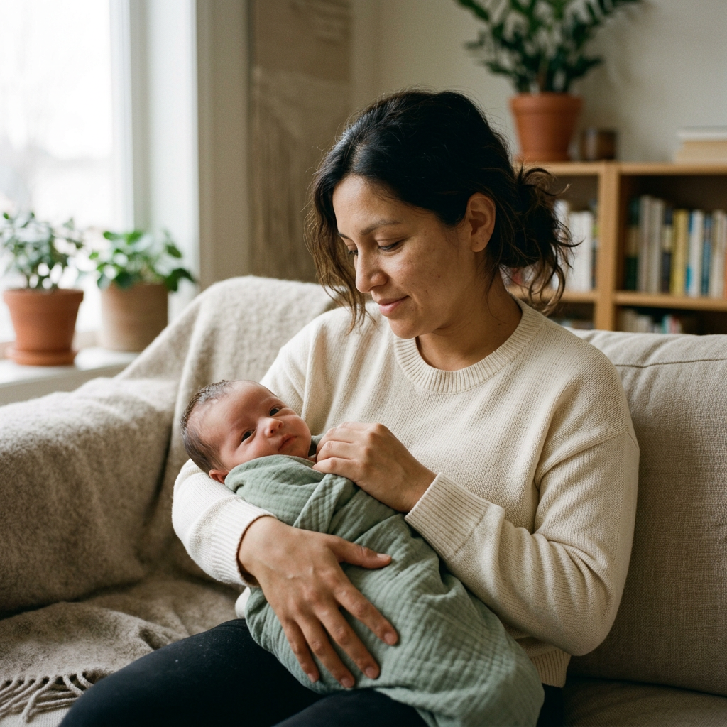 Mother cradling her newborn at home