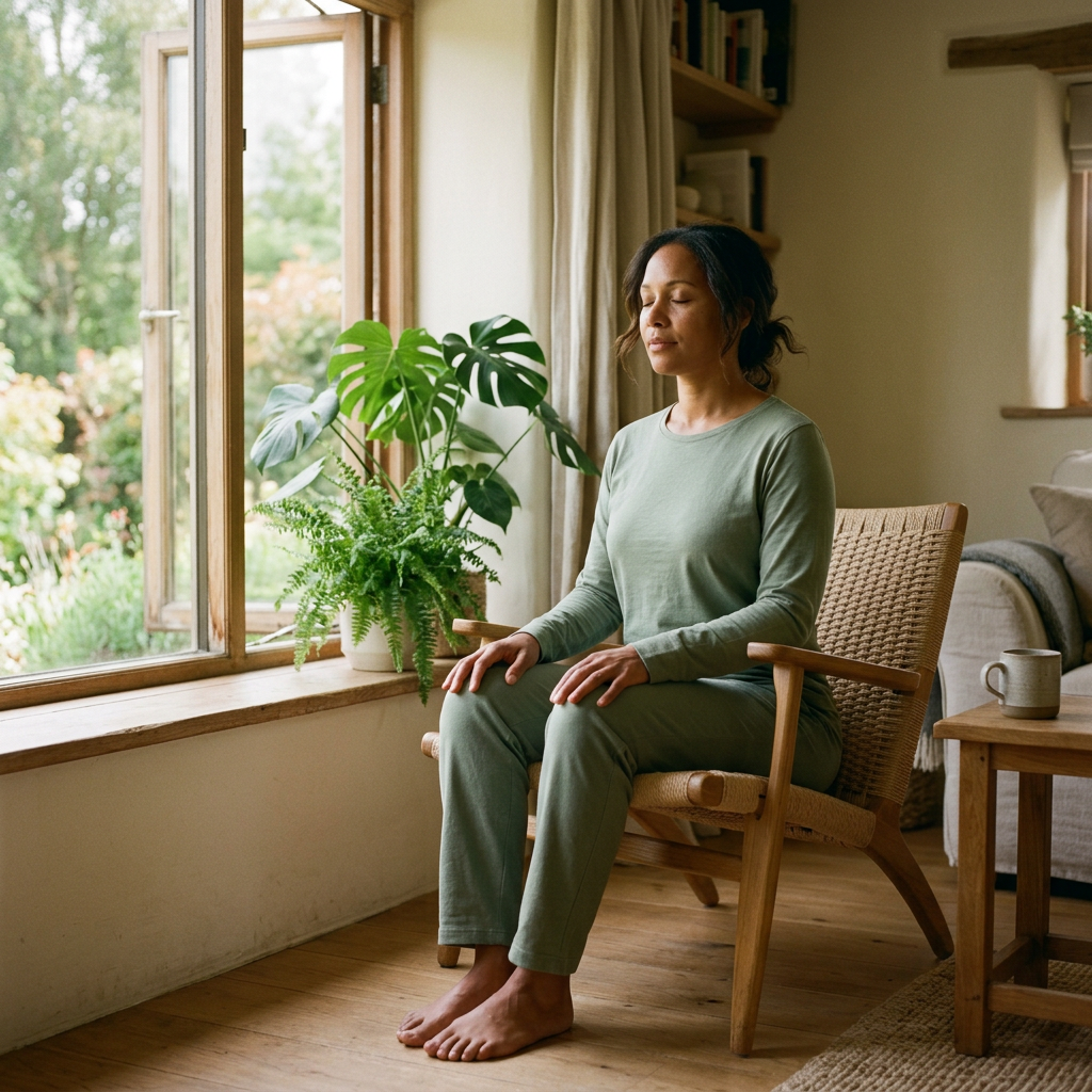 Woman seated comfortably beside a window in a quiet moment of meditation.