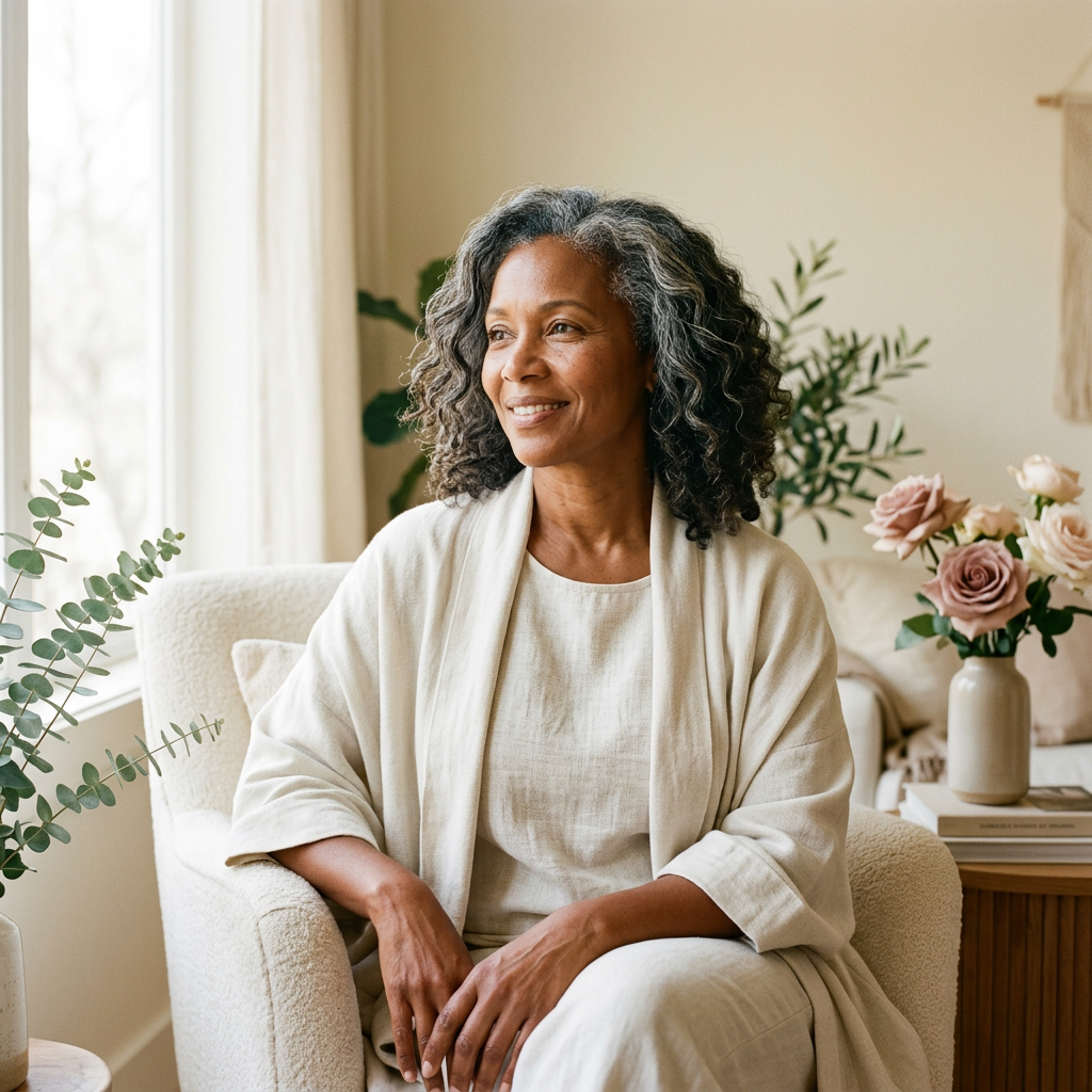 Woman in a softly lit setting representing Surrasa’s perimenopause and menopause wellness program.