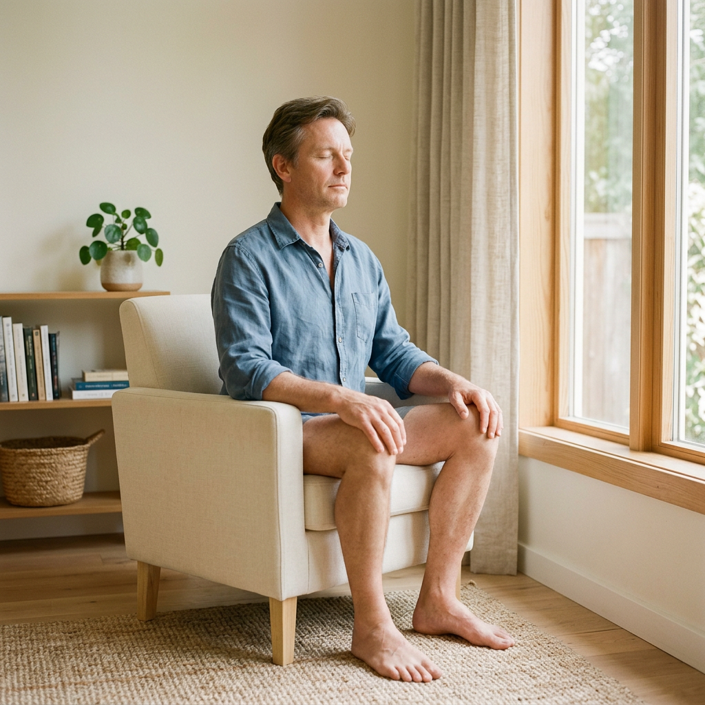 Man in a soft blue shirt seated comfortably in meditation at home.