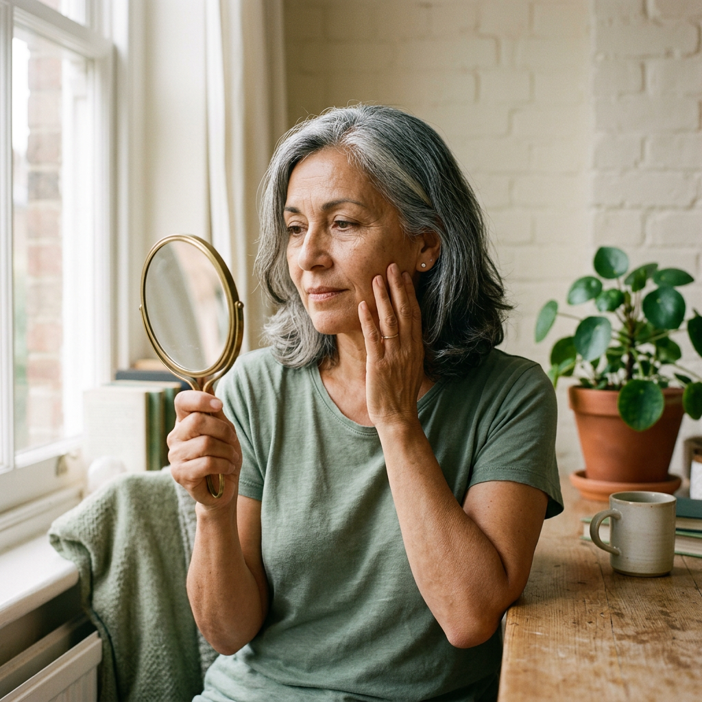 Mature woman thoughtfully attending to her skin in natural window light.