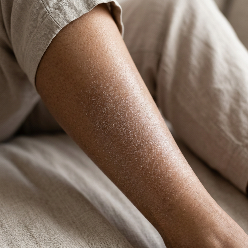Illustrative close-up of dry, scaly skin on a lower leg.