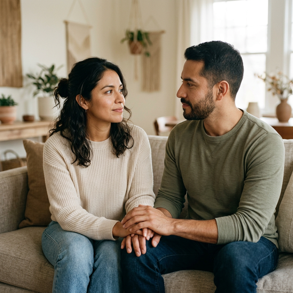 Couple sharing a quiet, supportive moment at home