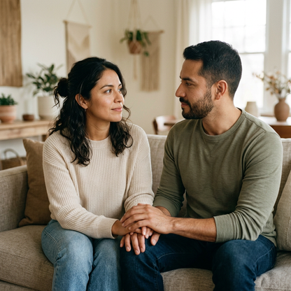 Couple sharing a quiet, supportive moment at home