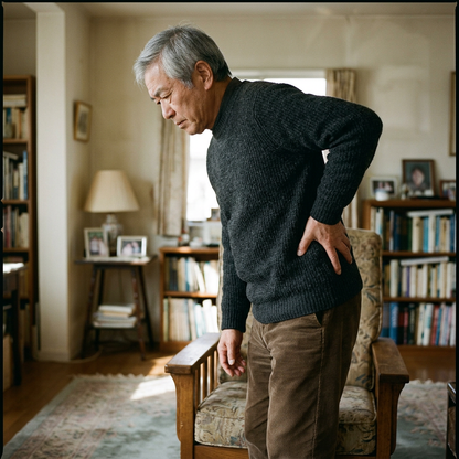 Older man standing beside a chair with one hand supporting his lower back.