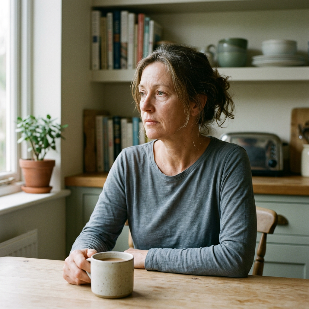 A woman taking a reflective moment at her kitchen table for Surrasa’s Women’s Wellness program.