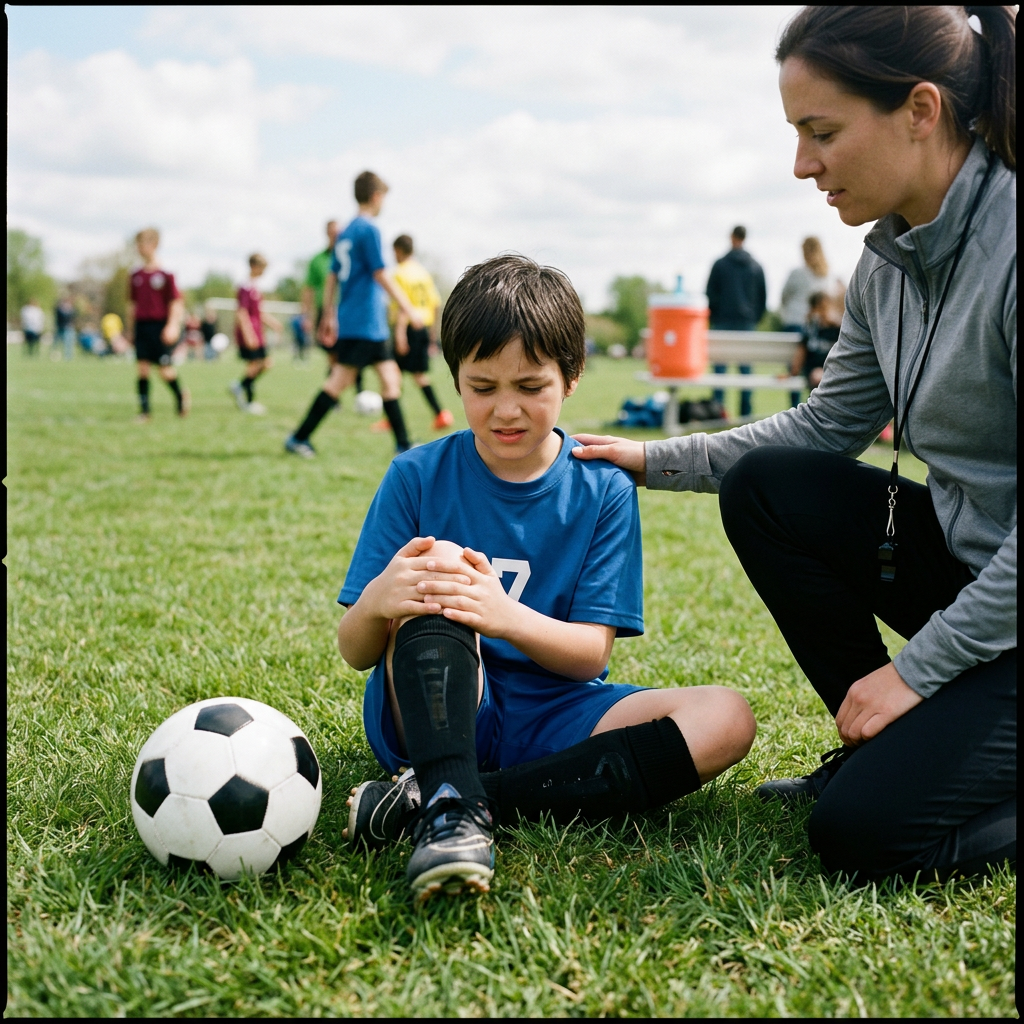 Child sitting beside a soccer field holding a knee while an adult checks in.