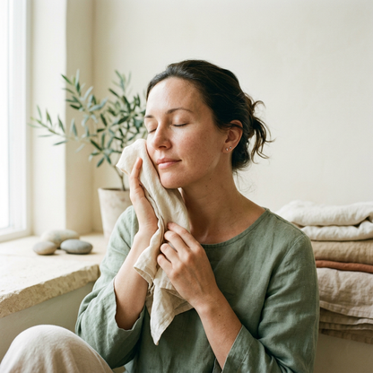 Woman gently holding a soft cloth to her cheek beside a bright window and folded towels.