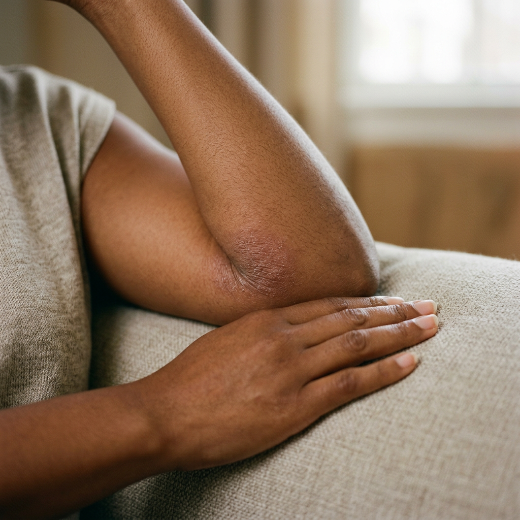 Illustrative close-up of dry, irritated-looking skin near an elbow.