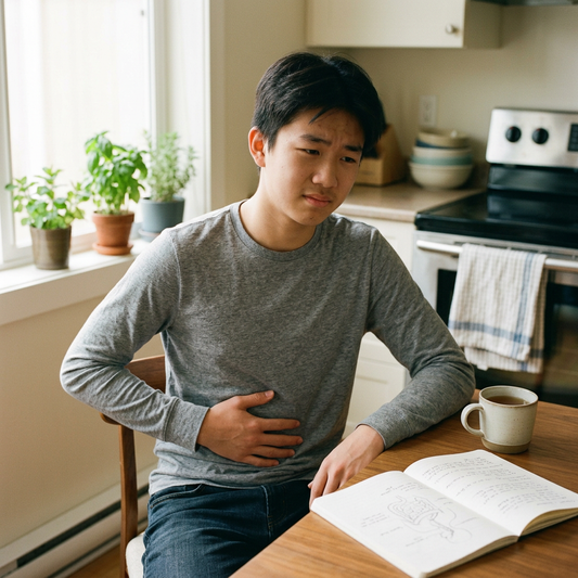 Teen seated with a hand resting on his abdomen