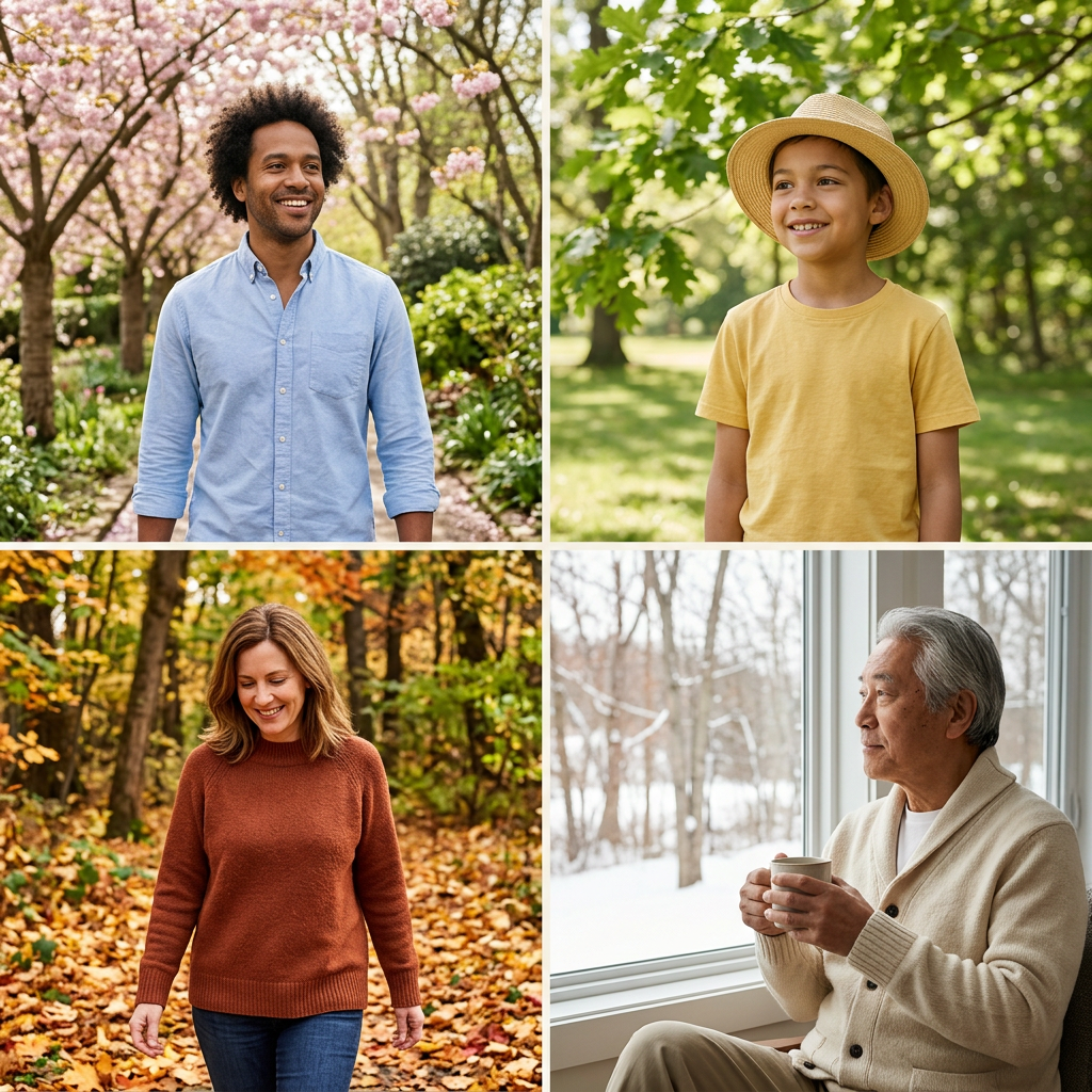 Four seasonal scenes featuring a man in spring, a child in summer, a woman in fall, and an older adult in winter.