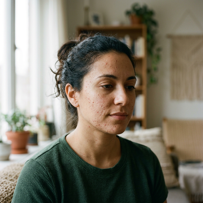 Illustrative portrait of an adult with visible blemishes and natural skin texture.