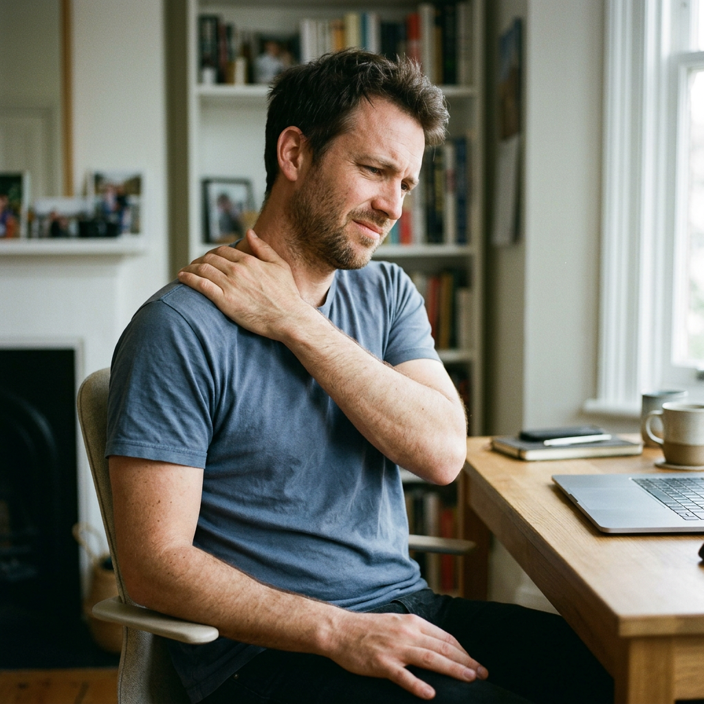 Younger man taking a break at a desk with a hand on his shoulder.
